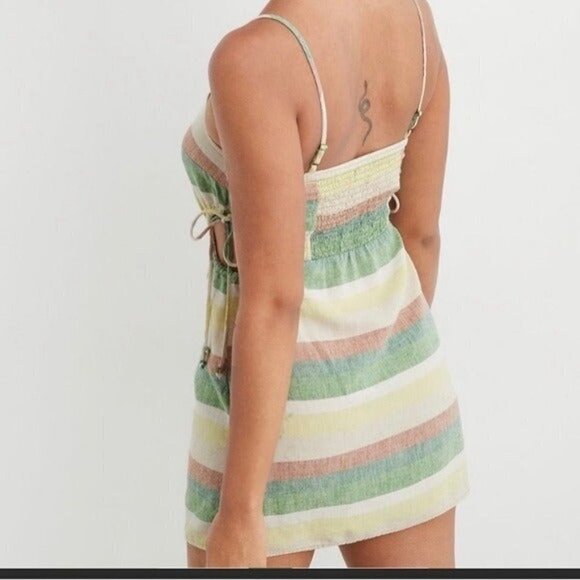 Aerie women cut out mini dress stripped colorful vacation linen y2k fairy boho - Picture 3 of 13